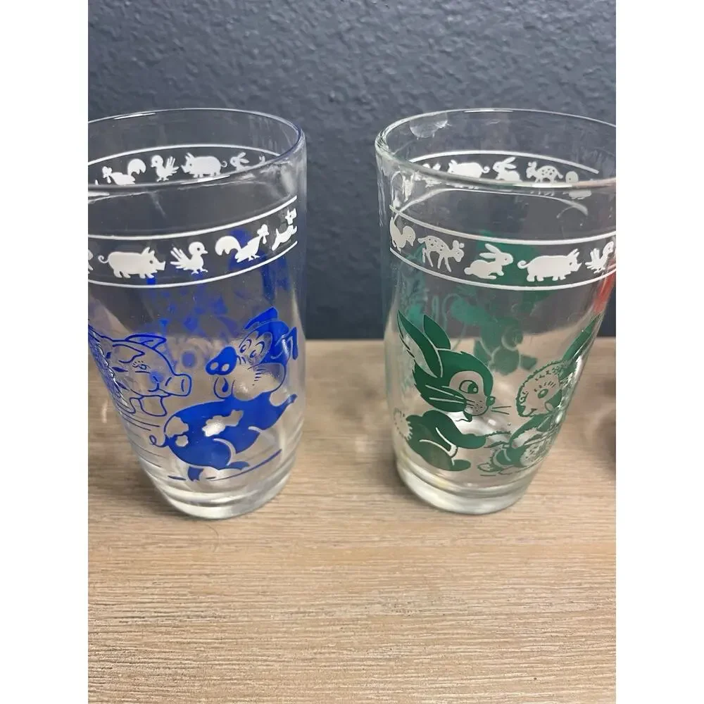 1956 Kraft Swanky Swigs Kiddie Kups Set 6 Hazel Atlas Animal Juice Glasses